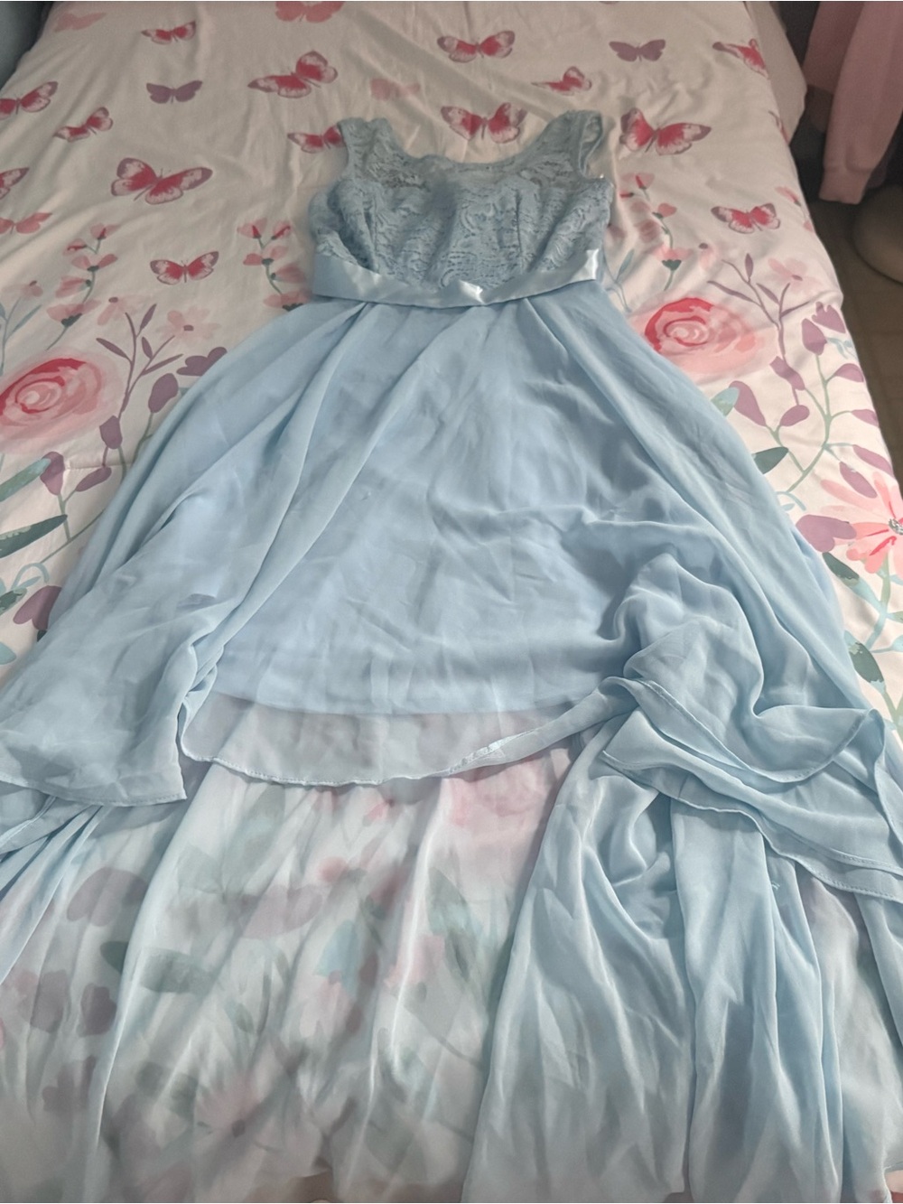 Light Blue Lace Bodice High-Low Wedding Dress